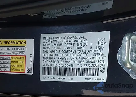 2025 Honda Civic Sport из США, поврежденный, VIN 2HGFE2F57SH524448